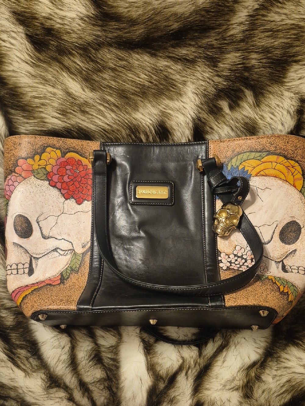 Prison Art Black Leather Tote with Colorful Floral Skull Panels
